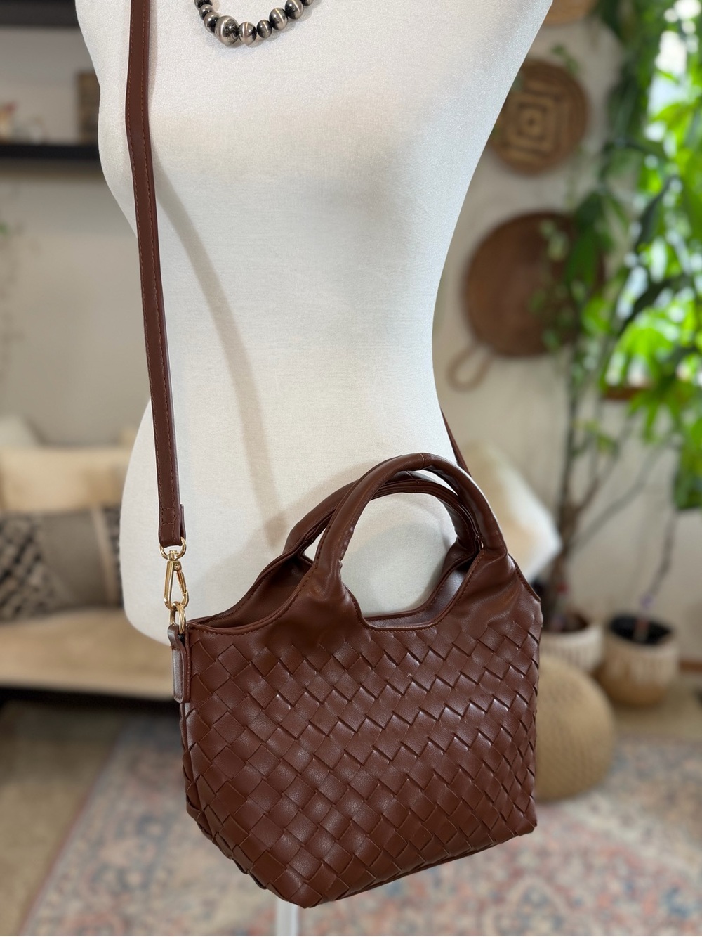 Woven Boho Bag Brown Vegan Leather Crossbody Top Handle Shoulder Handbag Purse - Picture 3 of 10